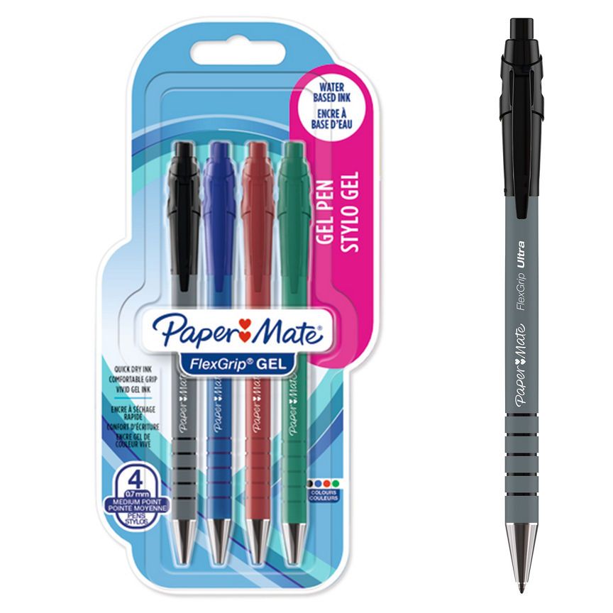 Paper Mate FlexGrip Gel Pens , Black, Blue, Red &amp;amp; Green Ink, 4 Count, Medium Point 0.7mm