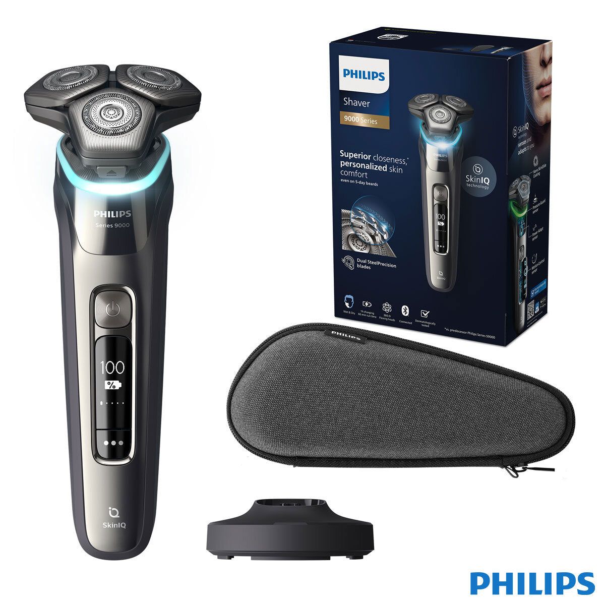 Philips Series 9000 Wet &amp;amp; Dry Electric Shaver with SkinIQ Technology, Charging Stand and Travel Case, S9974/35