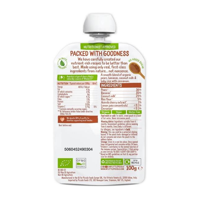 Piccolo Pear Banana Coconut Milk &amp;amp; Baby Rice Organic Pouch 4 mths+   100g