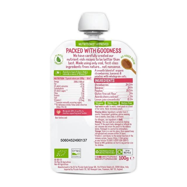Piccolo Strawberry Banana &amp;amp; Peach Organic Pouch 4 mths+   100g