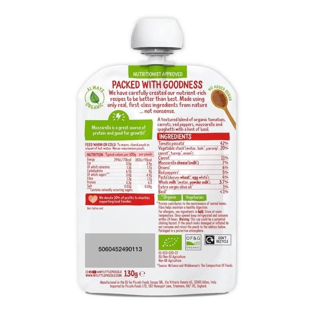 Piccolo Tomato &amp;amp; Mozzarella Organic Spaghetti Pouch 7 mths+   130g