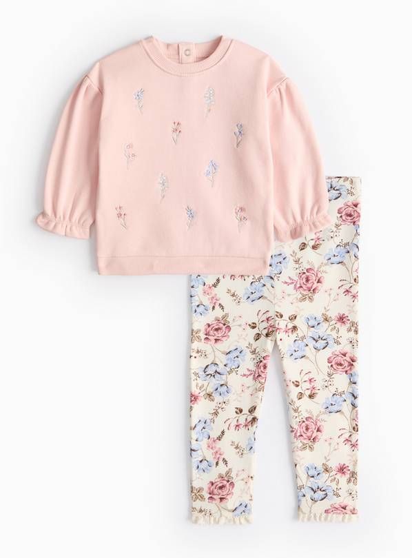 Pink Floral Embroidered Sweatshirt &amp;amp; Leggings Set 9-12 months