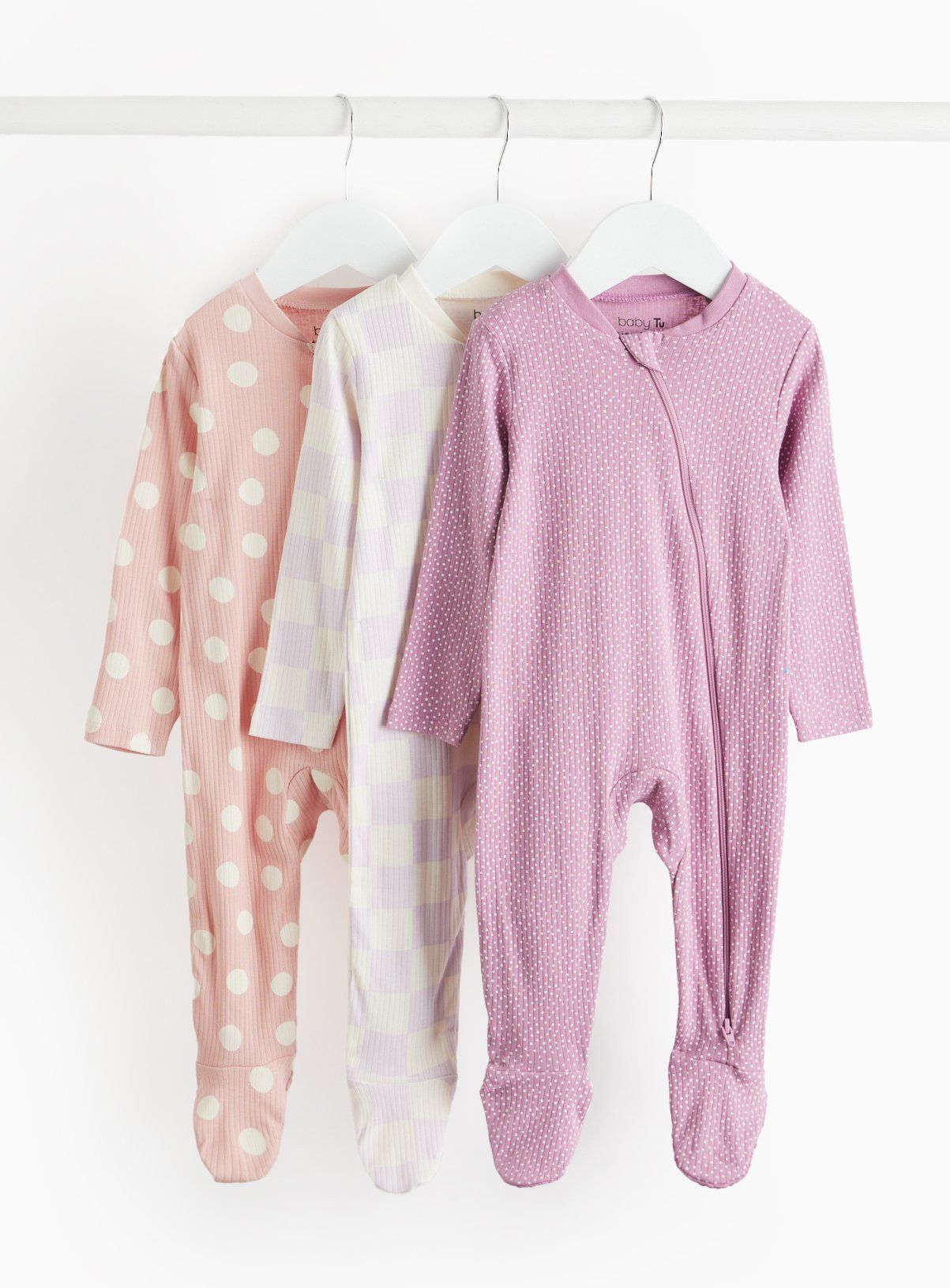 Pink Spot Print &amp;amp; Chequered Sleepsuit 3 Pack 3-6 months