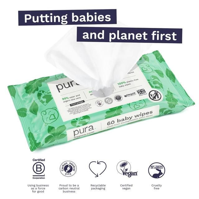 Pura Plastic Free Baby Wipes 12 x 60pk   12 x 60 per pack