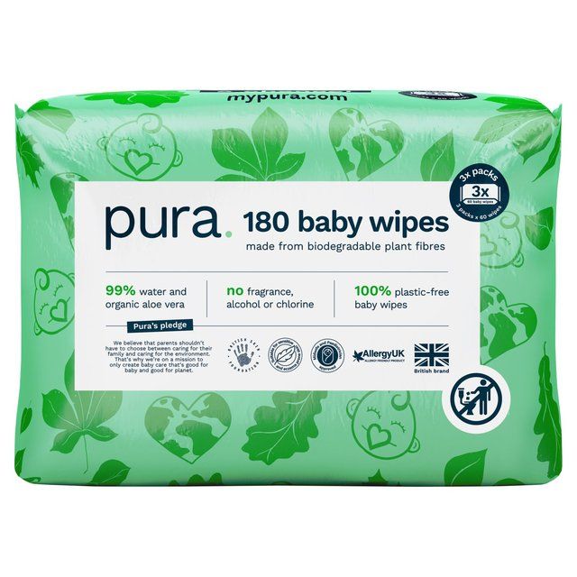 Pura Plastic Free Baby Wipes 3x60pk   180 per pack