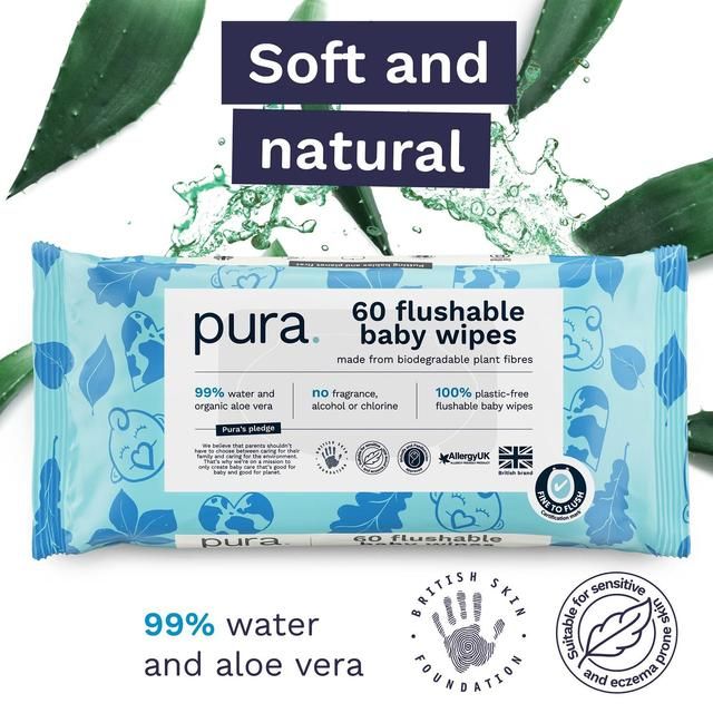 Pura Plastic Free Flushable Baby Wipes 12 x 60pk   12 x 60 per pack