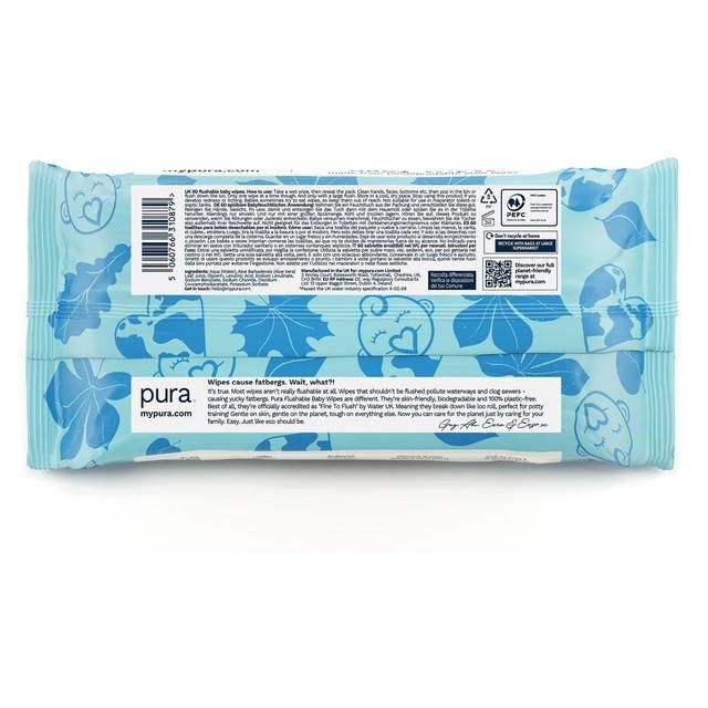 Pura Plastic Free Flushable Baby Wipes 3x60pk   180 per pack