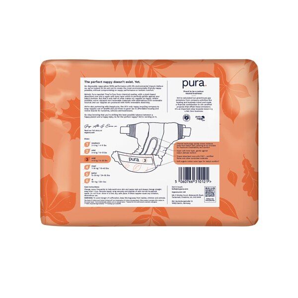 Pura Premium Eco Baby Nappies, Size 3 (4-9kg) 33 Nappies