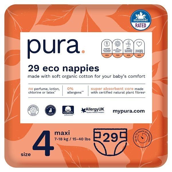 Pura Premium Eco Baby Nappies, Size 4 (7-18kg) 29 Nappies