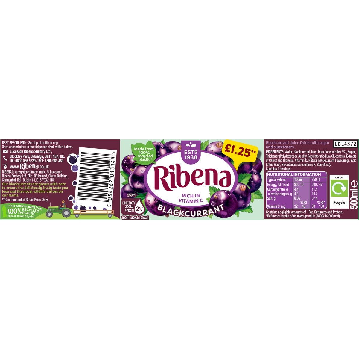 Ribena Blackcurrant PMP &amp;pound;1.25, 12 x 500ml