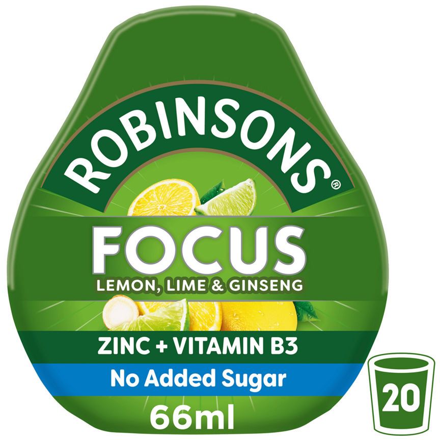 Robinsons Focus No Added Sugar Lemon, Lime &amp;amp; Ginseng with vitamin B3 &amp;amp; Zinc