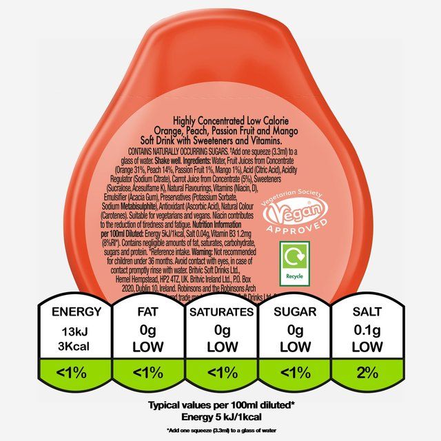 Robinsons Mini Vitality Peach Mango &amp;amp; Passion Fruit No Added Sugar Squash   66ml