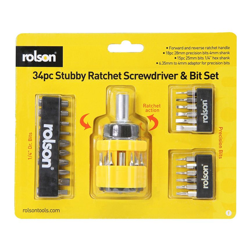 Rolson 34pc Stubby Ratchet Screwdriver &amp;amp; Bit Set