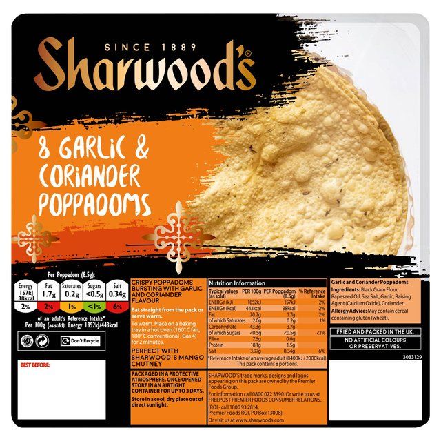 Sharwood's Garlic &amp;amp; Coriander Poppadoms   8 per pack