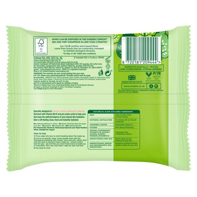 Simple Kind to Skin Biodegradable Face Wipes   25 per pack